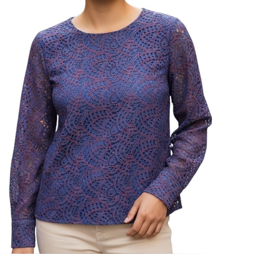 Banana Republic Navy/Red/Purple Lace Long-Sleeve Top - size small